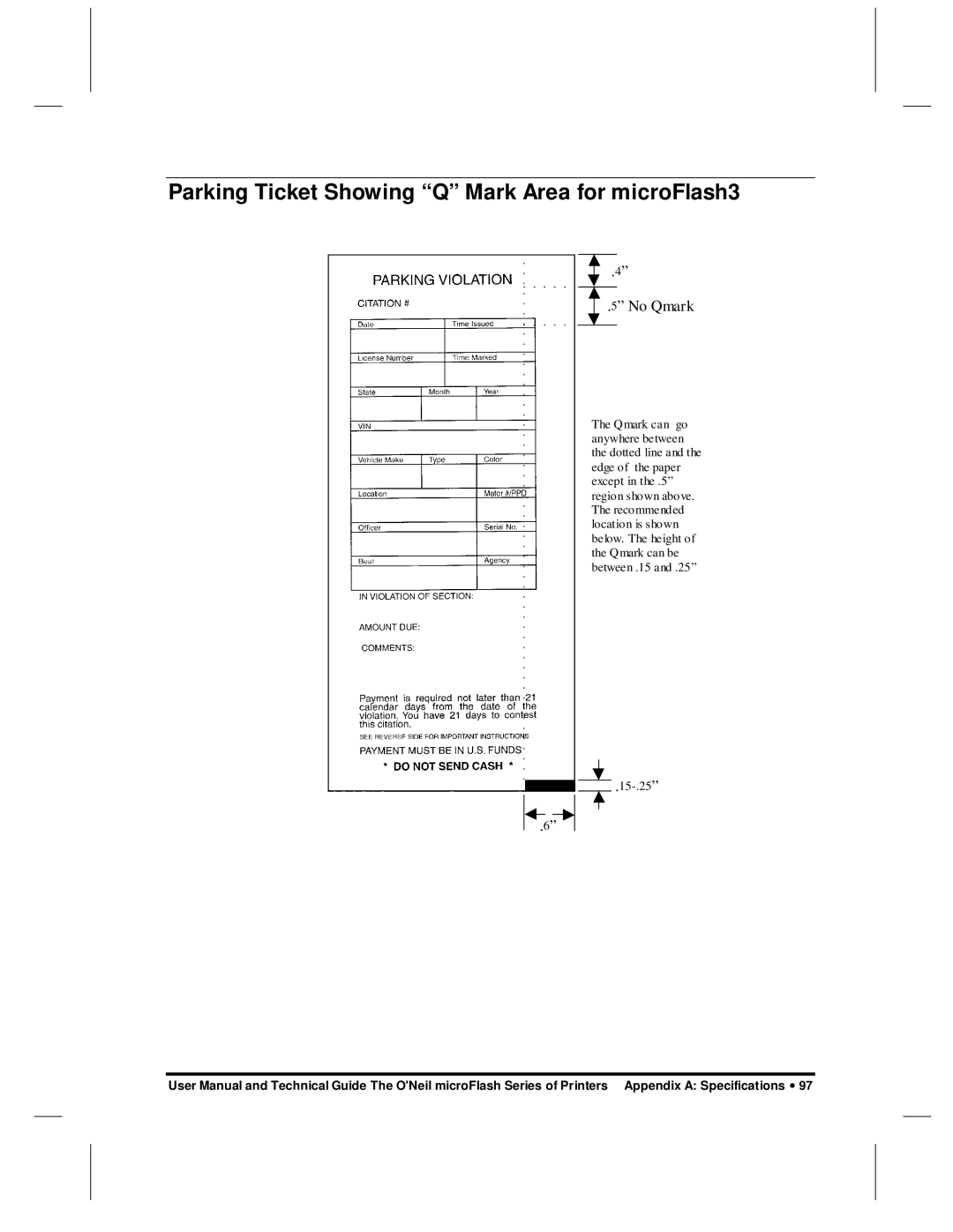 O'Neil microFlash Series user manual Parking Ticket Showing Q Mark Area for microFlash3, No Qmark 