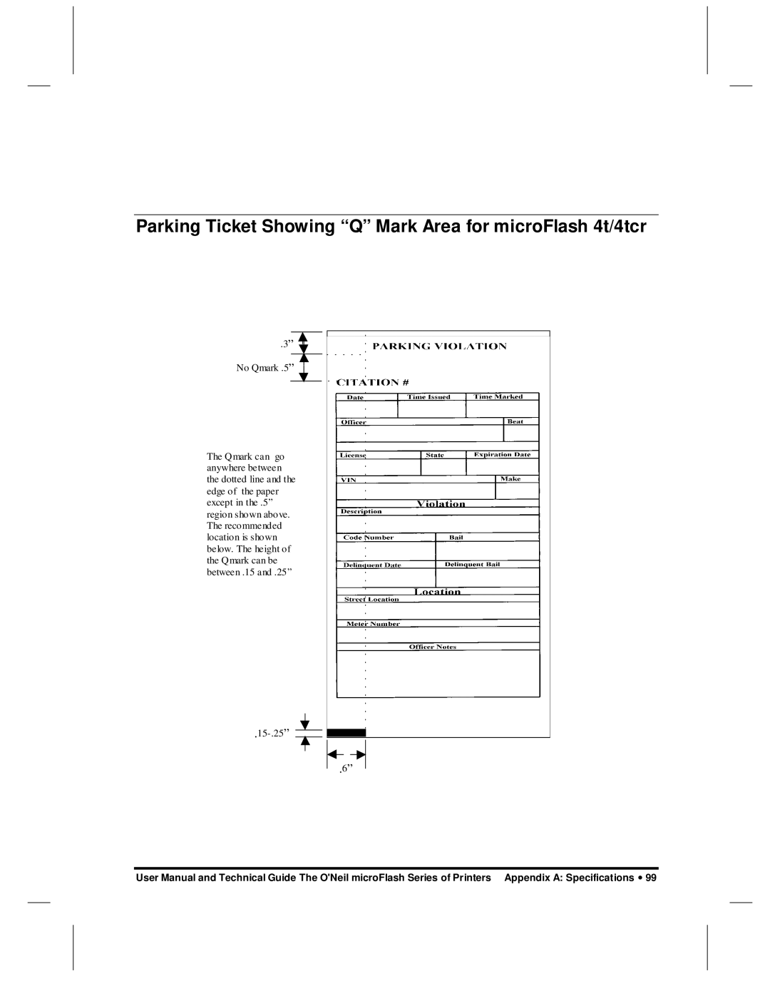 O'Neil microFlash Series user manual Parking Ticket Showing Q Mark Area for microFlash 4t/4tcr 