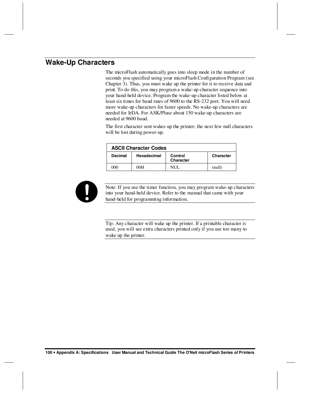 O'Neil microFlash Series user manual Wake-Up Characters, Ascii Character Codes 