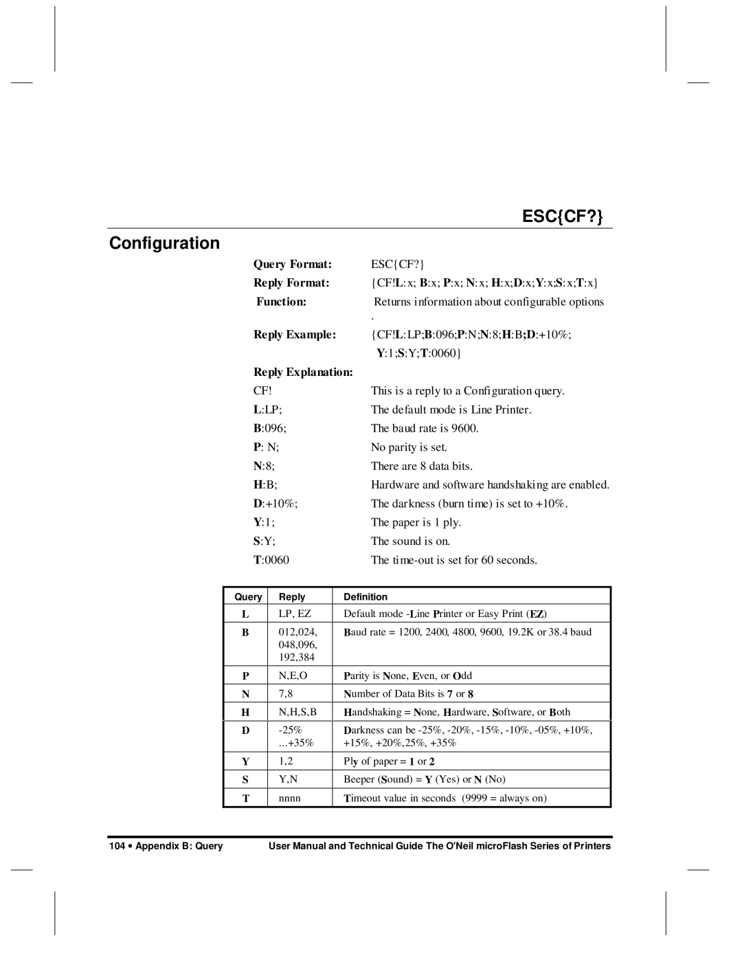 O'Neil microFlash Series user manual Esccf?, Configuration, Reply Example 