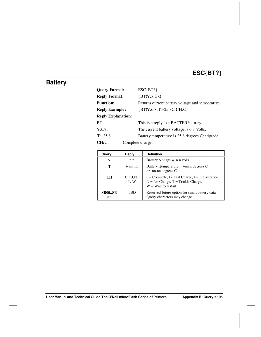 O'Neil microFlash Series user manual Escbt?, Battery 