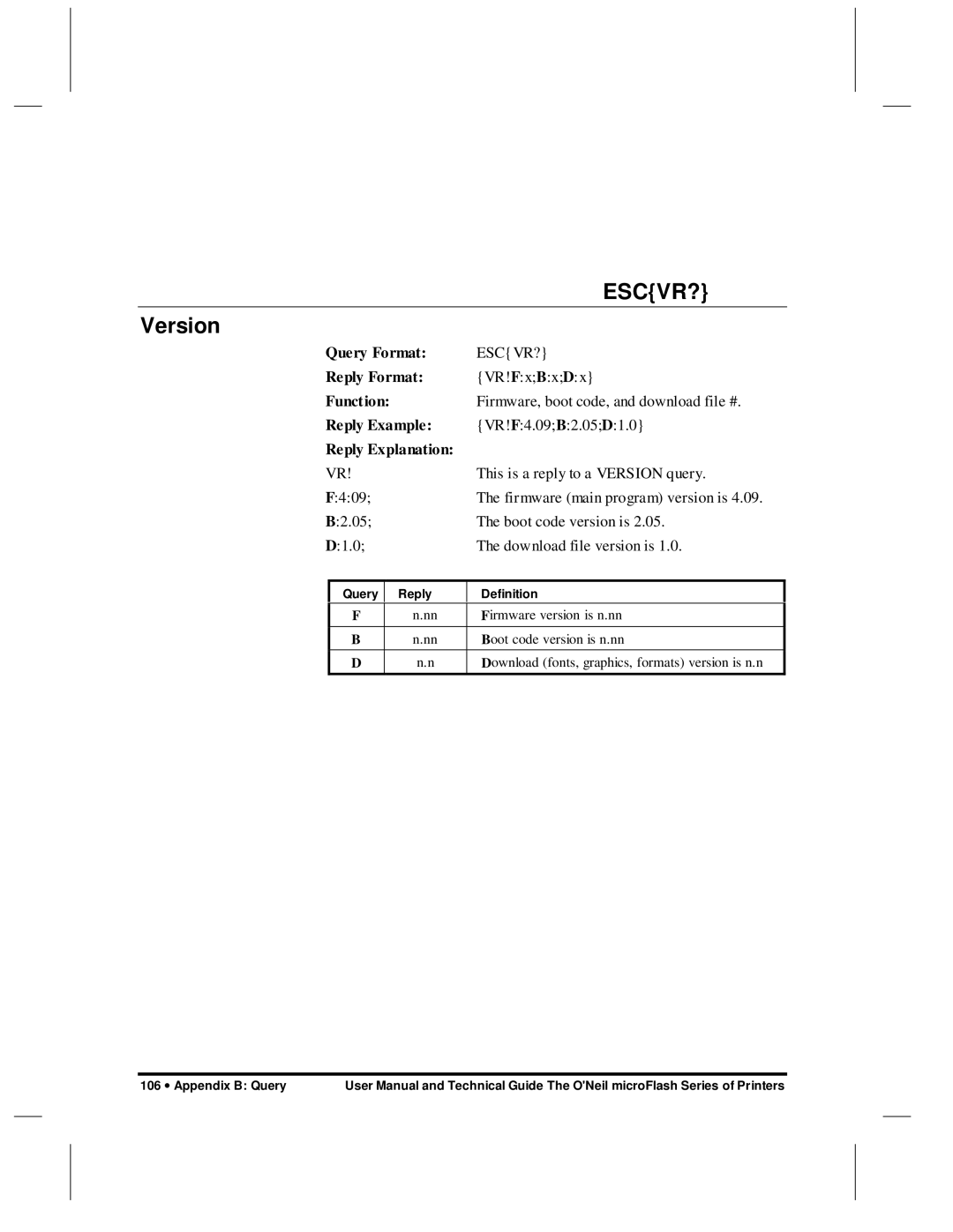 O'Neil microFlash Series user manual Escvr?, Version 