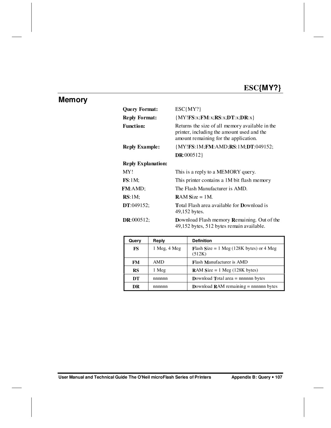 O'Neil microFlash Series user manual Escmy?, Memory 