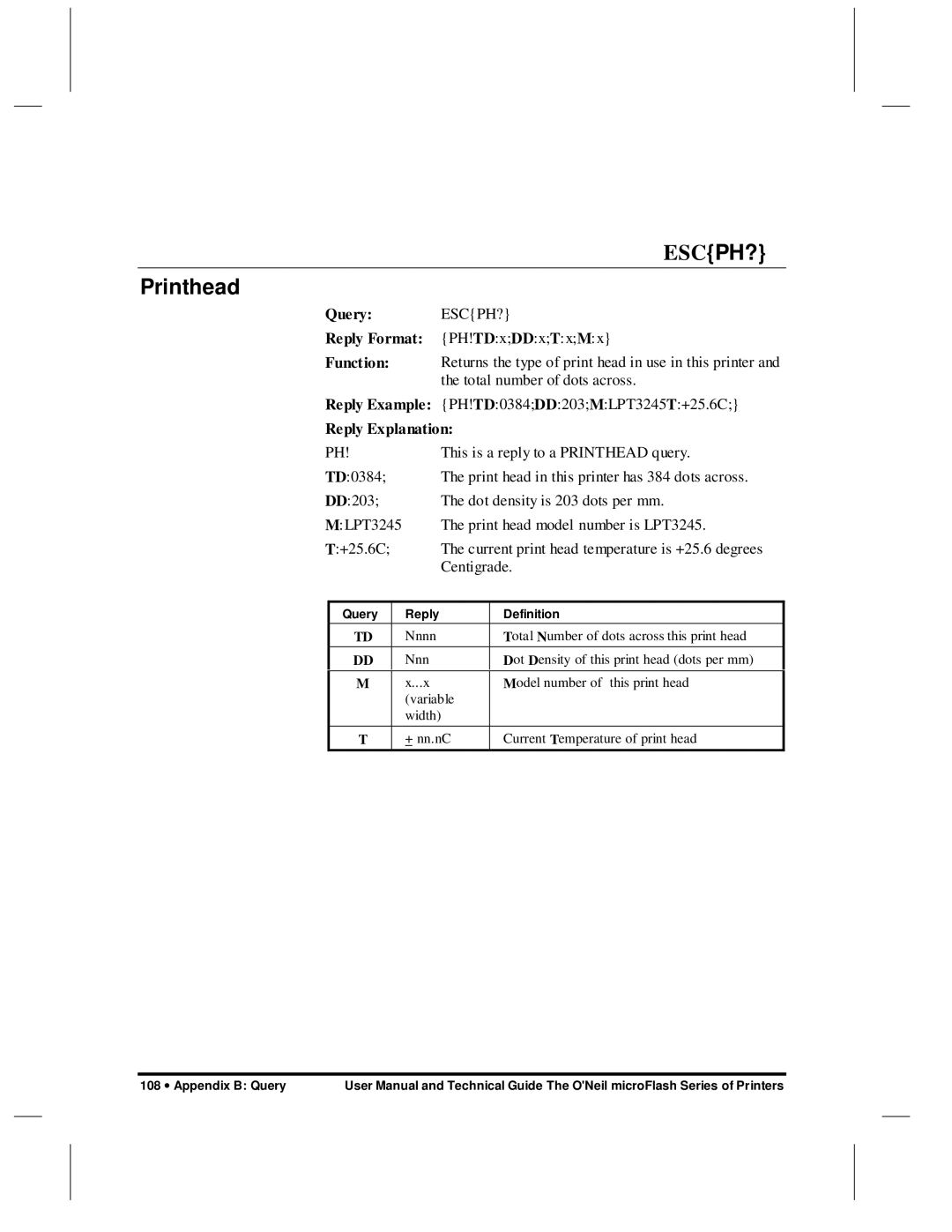 O'Neil microFlash Series user manual Escph?, Printhead, Query 