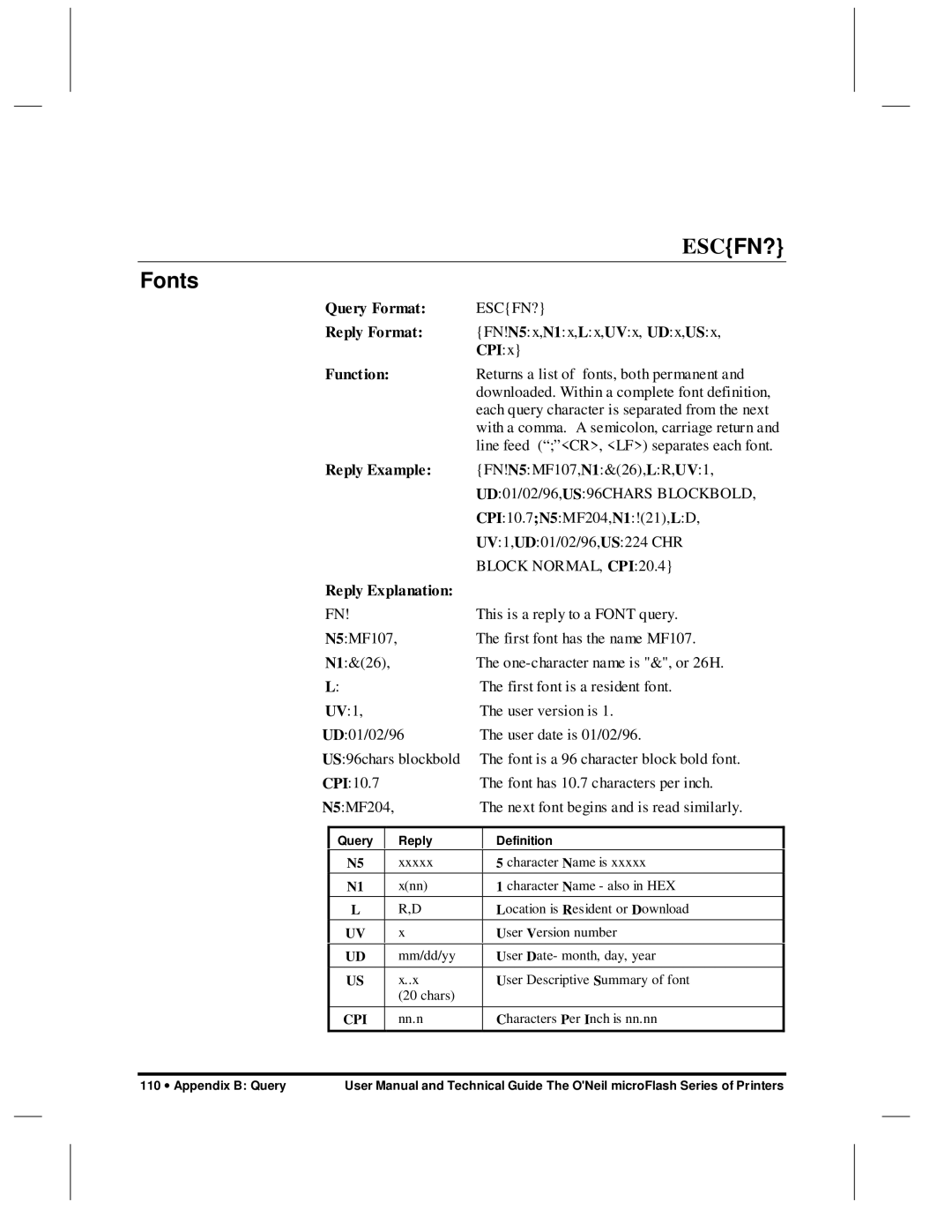 O'Neil microFlash Series user manual Escfn?, CPIx 