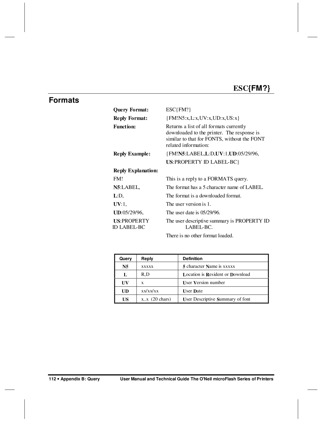 O'Neil microFlash Series user manual Escfm?, Formats 