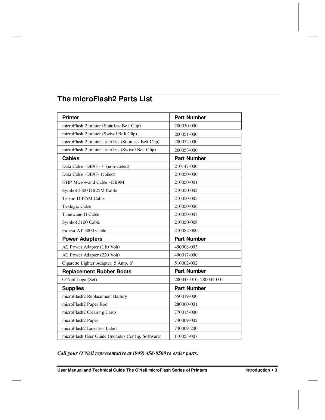 O'Neil microFlash Series user manual MicroFlash2 Parts List 