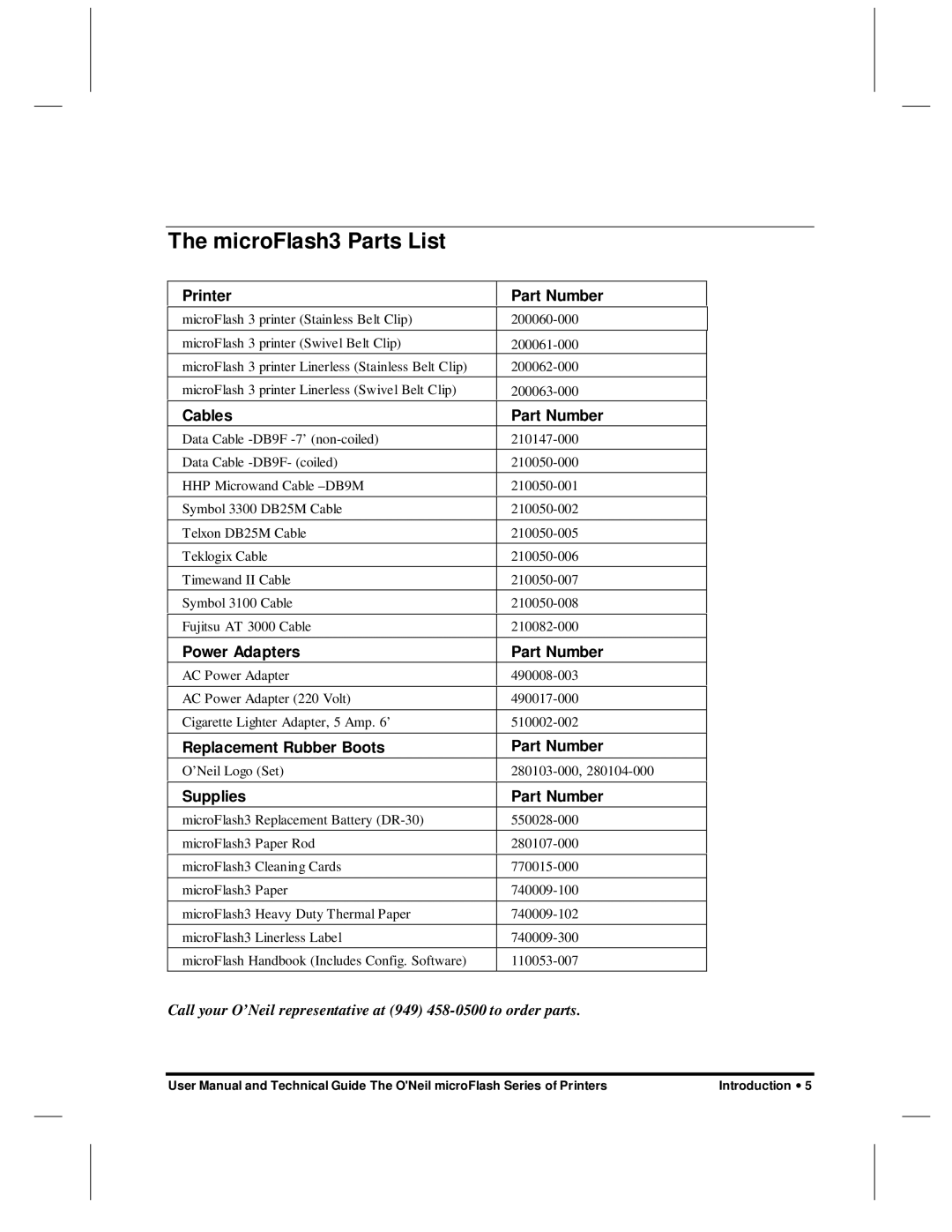 O'Neil microFlash Series user manual MicroFlash3 Parts List 