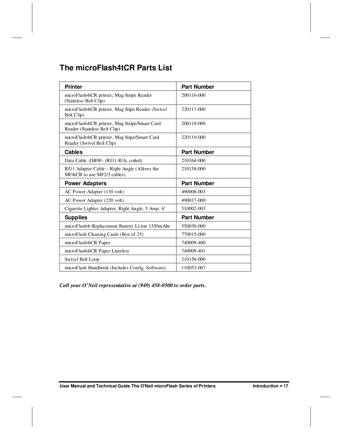 O'Neil microFlash Series user manual MicroFlash4tCR Parts List 