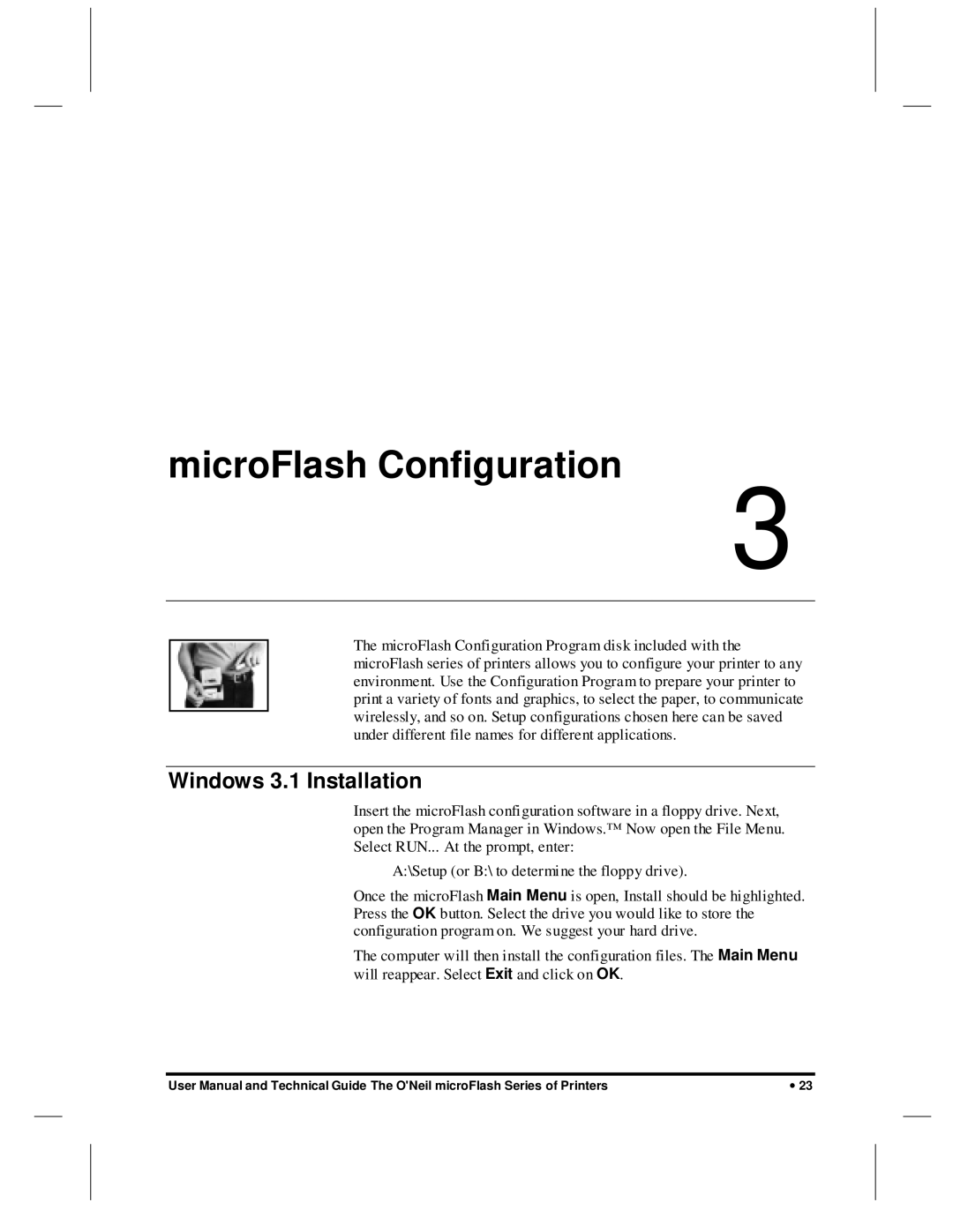 O'Neil microFlash Series user manual MicroFlash Configuration, Windows 3.1 Installation 