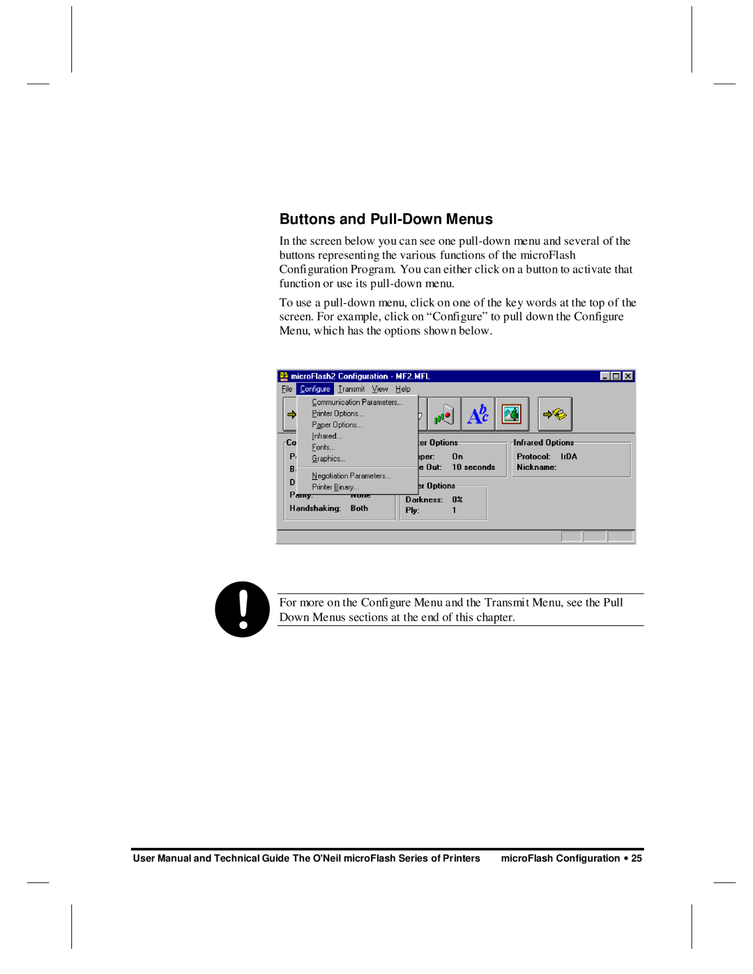 O'Neil microFlash Series user manual Buttons and Pull-Down Menus 