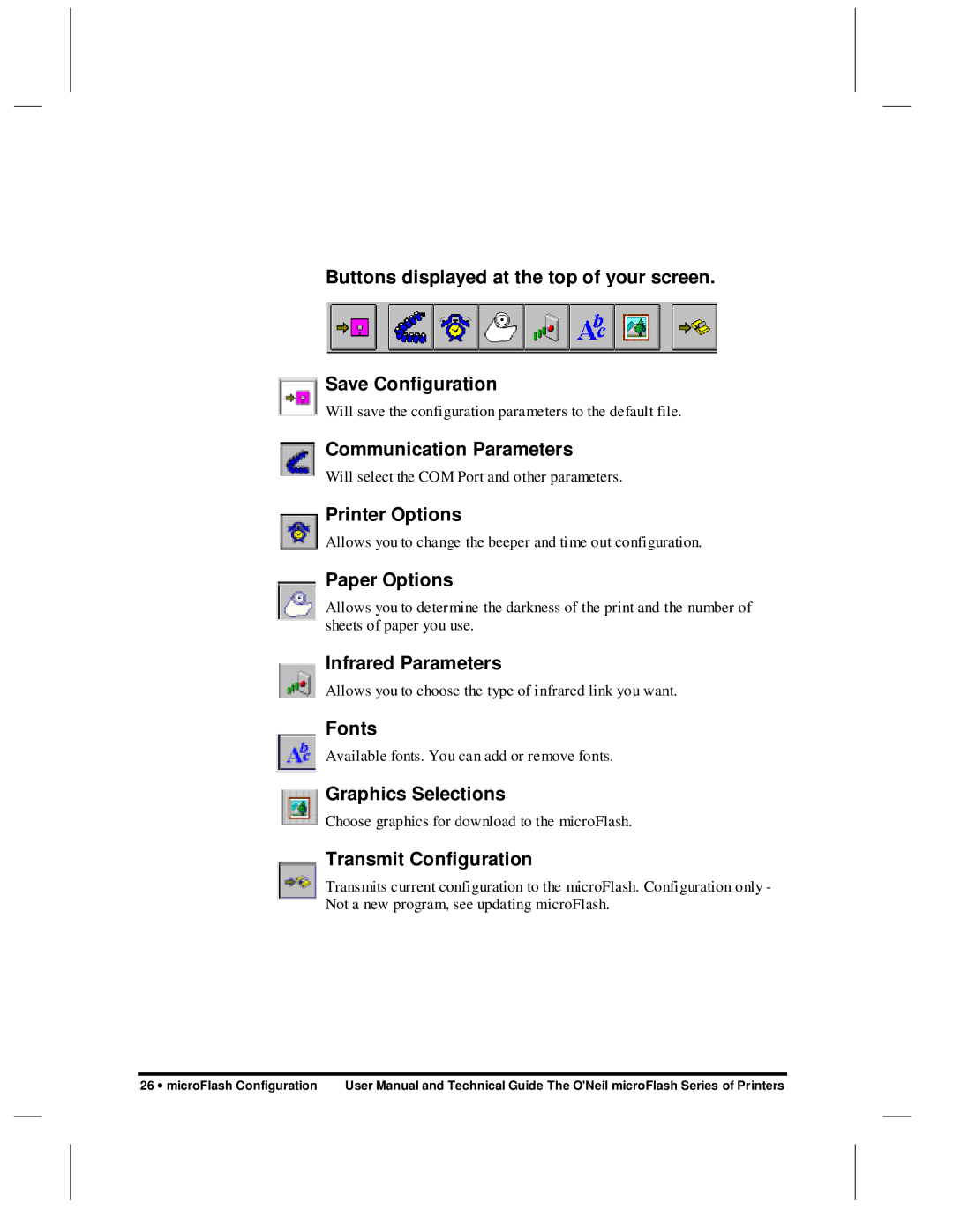 O'Neil microFlash Series user manual Communication Parameters, Printer Options, Paper Options, Infrared Parameters, Fonts 