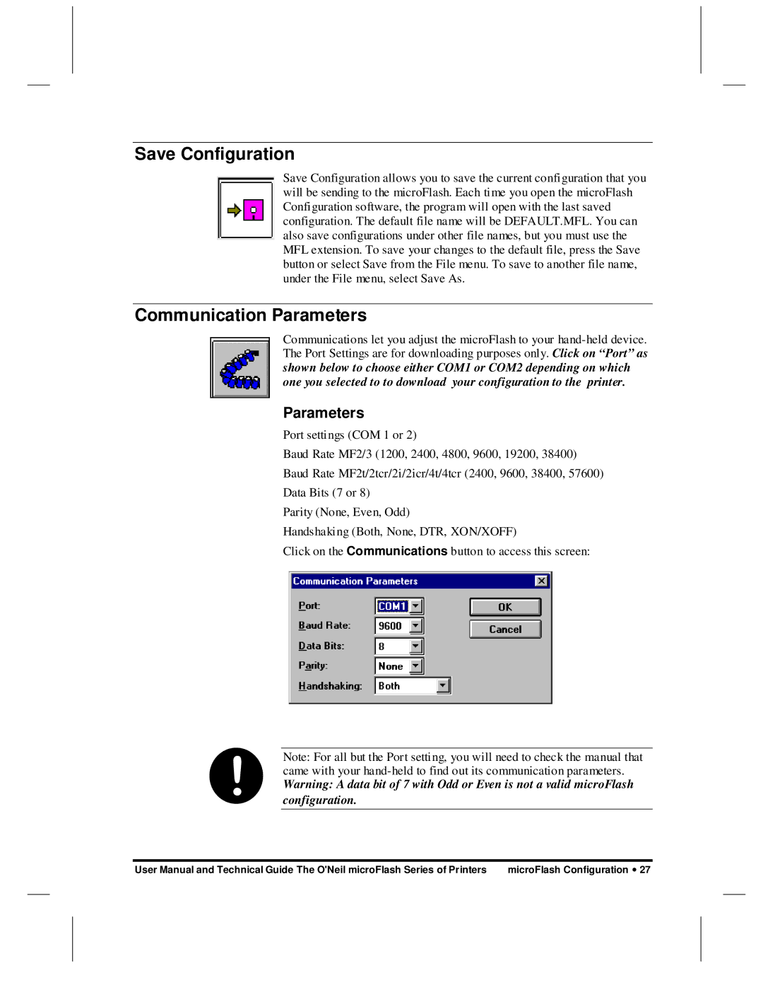 O'Neil microFlash Series user manual Save Configuration, Communication Parameters 