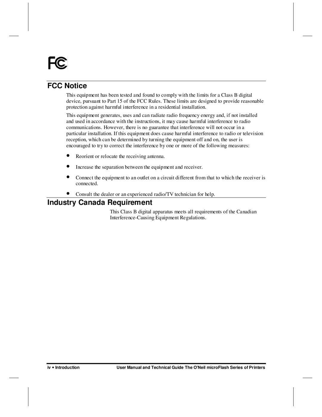 O'Neil microFlash Series user manual FCC Notice, Industry Canada Requirement 