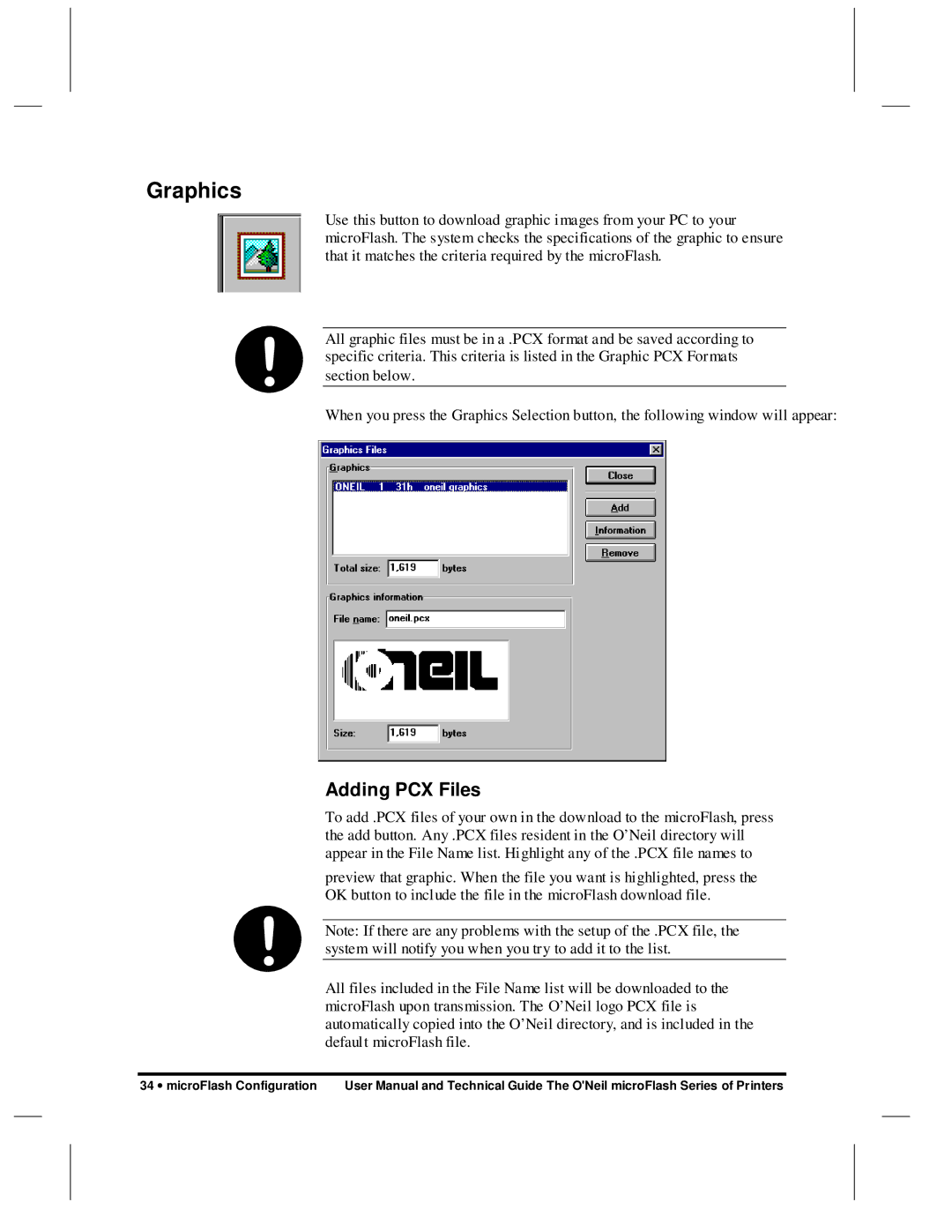 O'Neil microFlash Series user manual Graphics, Adding PCX Files 