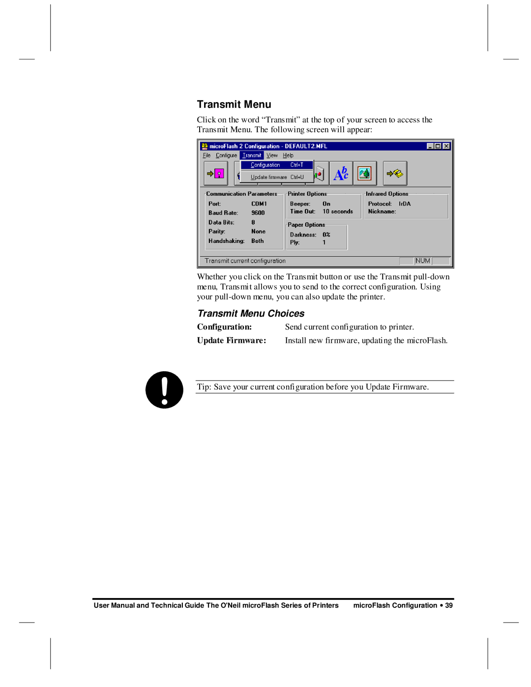 O'Neil microFlash Series user manual Transmit Menu Choices 