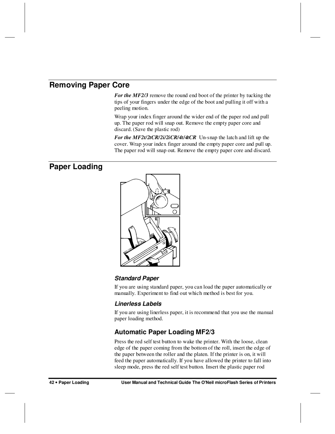 O'Neil microFlash Series user manual Removing Paper Core, Automatic Paper Loading MF2/3 