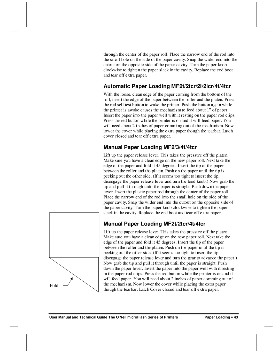 O'Neil microFlash Series user manual Automatic Paper Loading MF2t/2tcr/2I/2icr/4t/4tcr, Manual Paper Loading MF2/3/4t/4tcr 