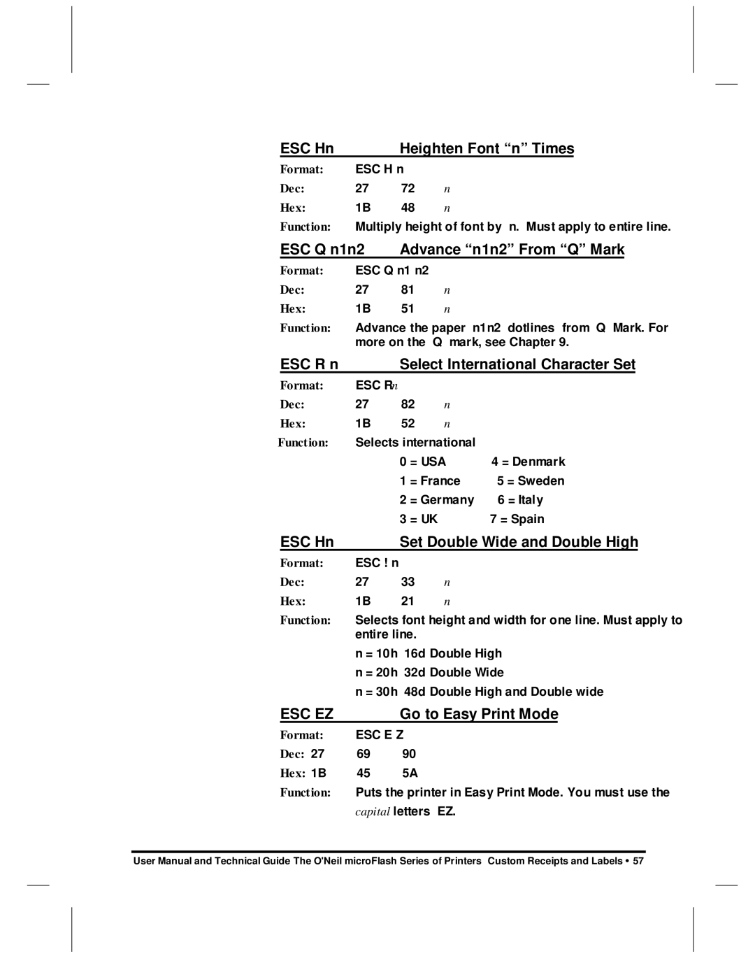 O'Neil microFlash Series ESC Hn Heighten Font n Times, ESC Q n1n2 Advance n1n2 From Q Mark, Go to Easy Print Mode 