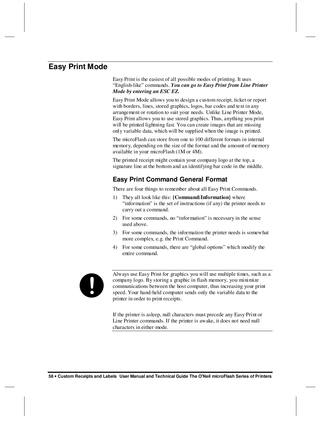 O'Neil microFlash Series user manual Easy Print Mode, Easy Print Command General Format 