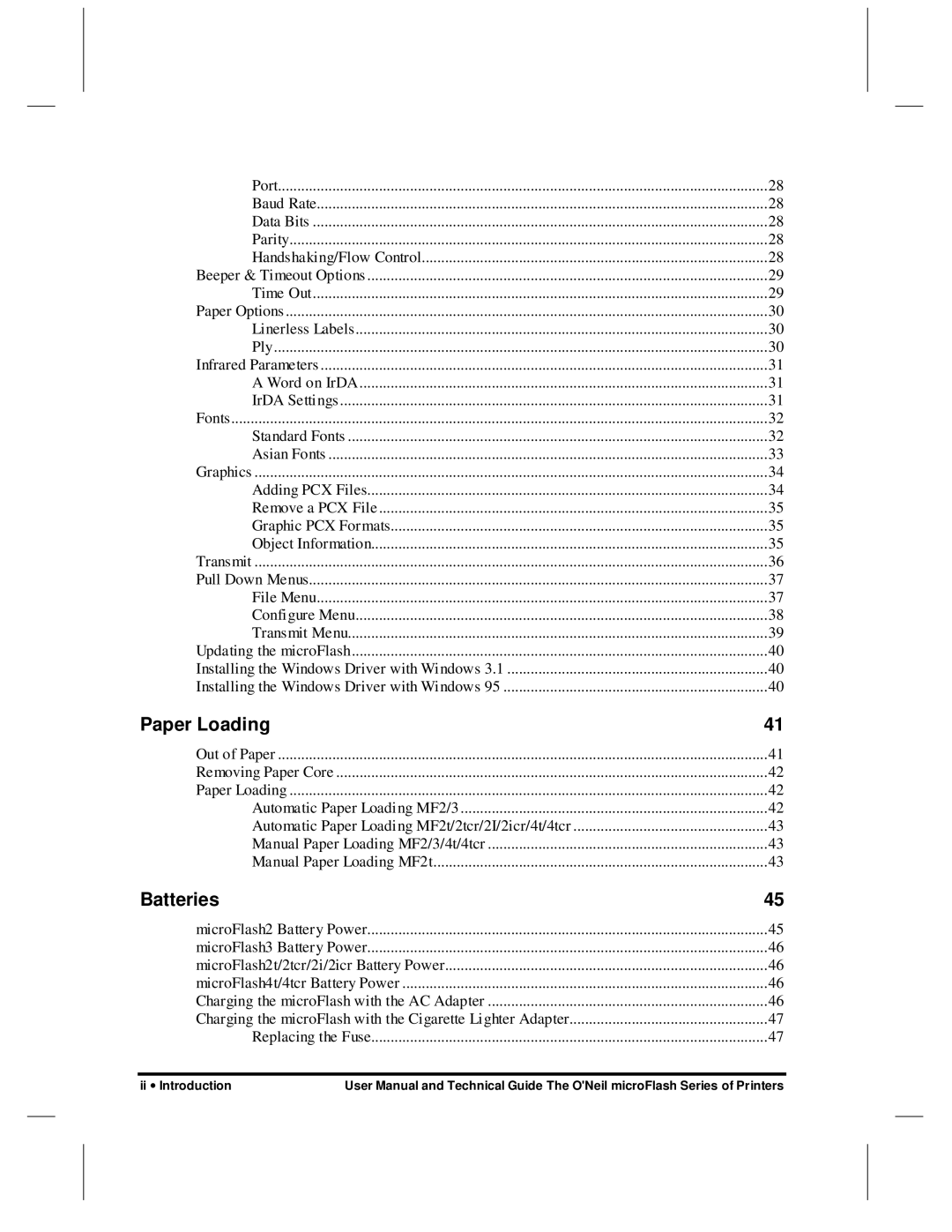 O'Neil microFlash Series user manual Paper Loading, Batteries 