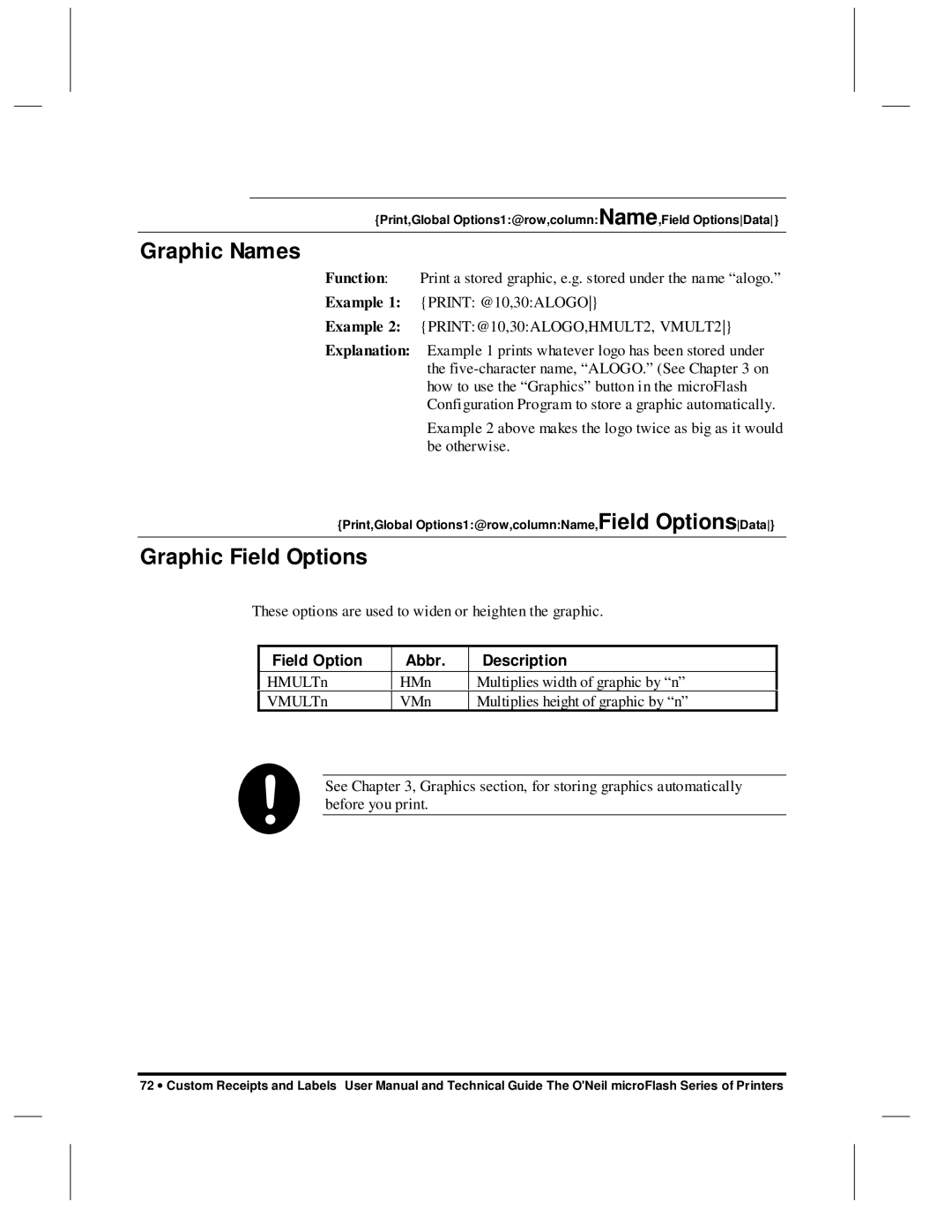 O'Neil microFlash Series user manual Graphic Names, Graphic Field Options 