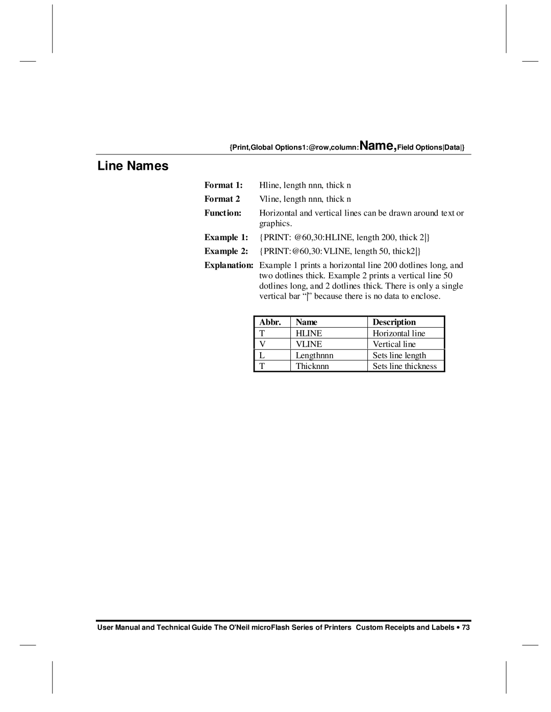 O'Neil microFlash Series user manual Line Names, Abbr Name Description 