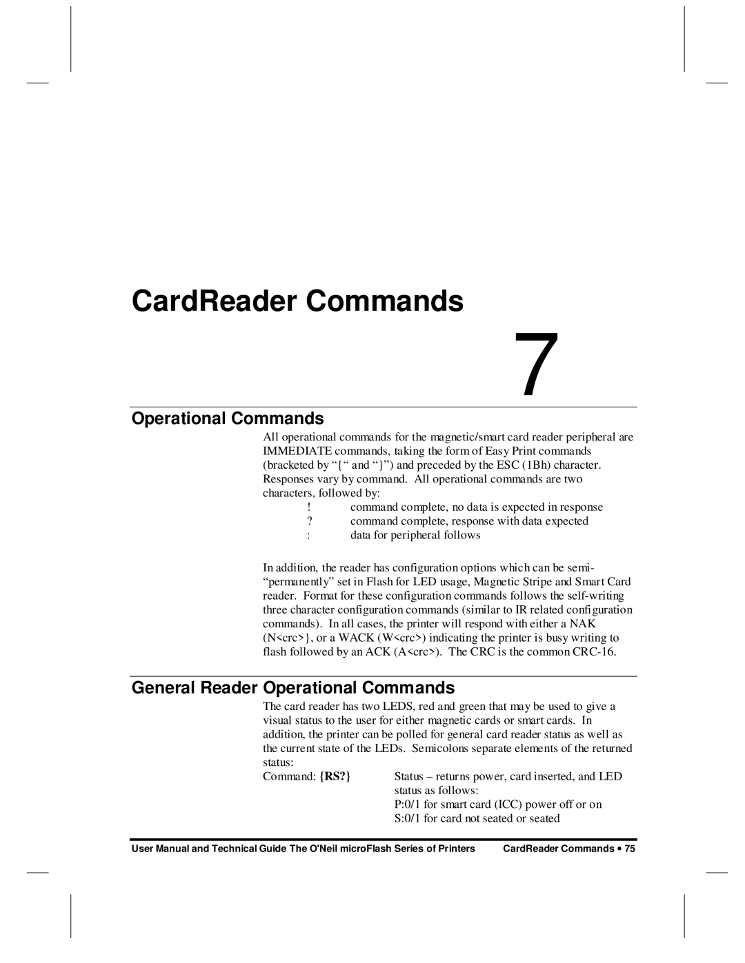 O'Neil microFlash Series user manual CardReader Commands, General Reader Operational Commands 