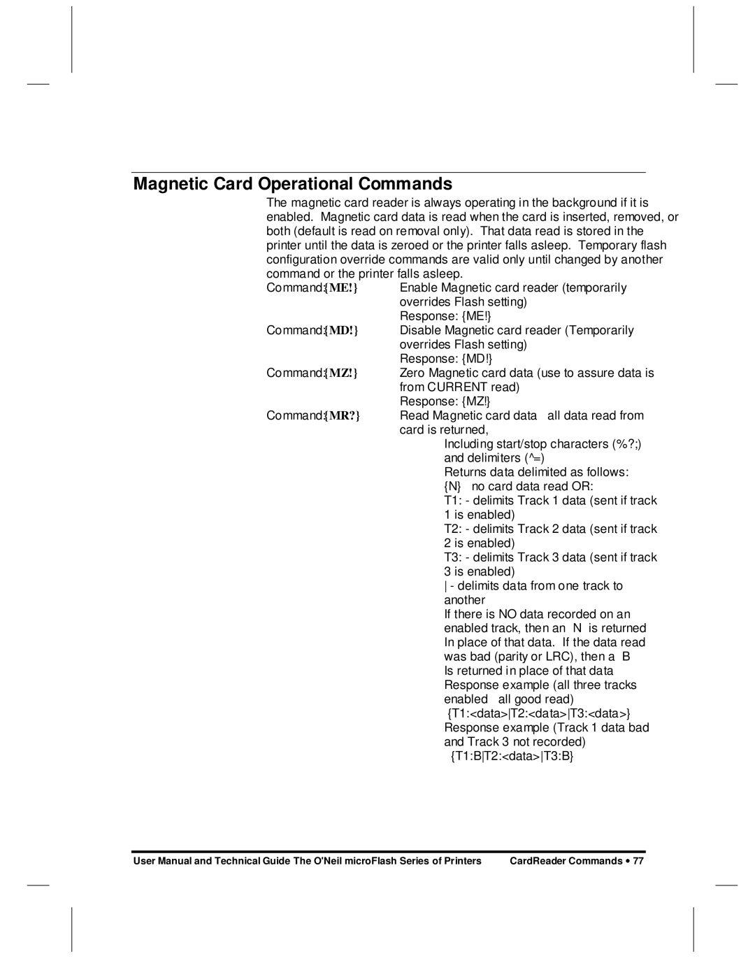 O'Neil microFlash Series user manual Magnetic Card Operational Commands 