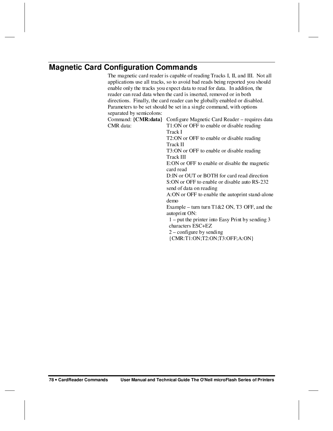 O'Neil microFlash Series user manual Magnetic Card Configuration Commands, Command CMRdata CMR data 