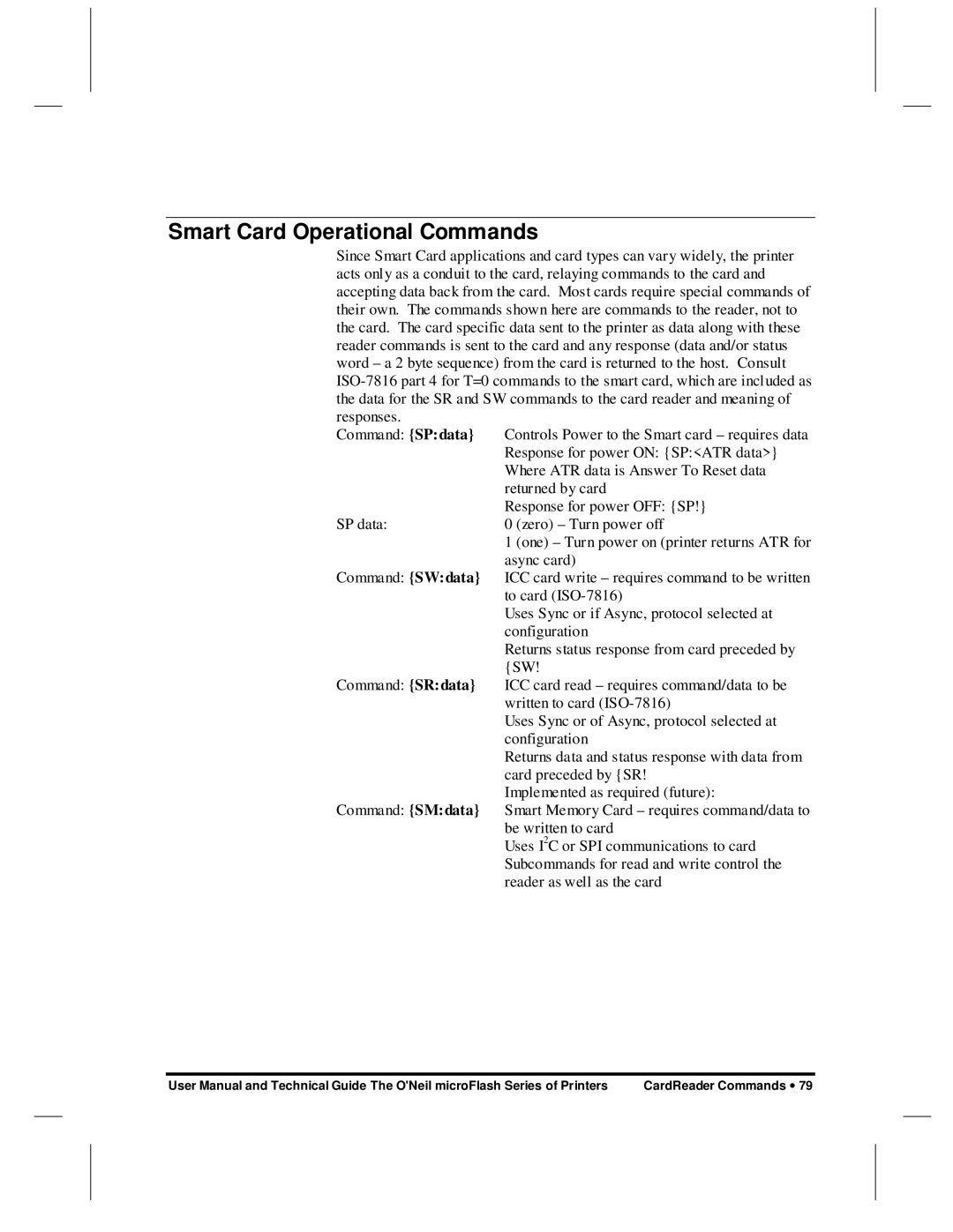 O'Neil microFlash Series user manual Smart Card Operational Commands 