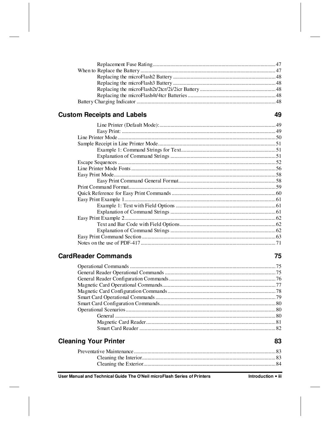 O'Neil microFlash Series user manual Custom Receipts and Labels, CardReader Commands, Cleaning Your Printer 