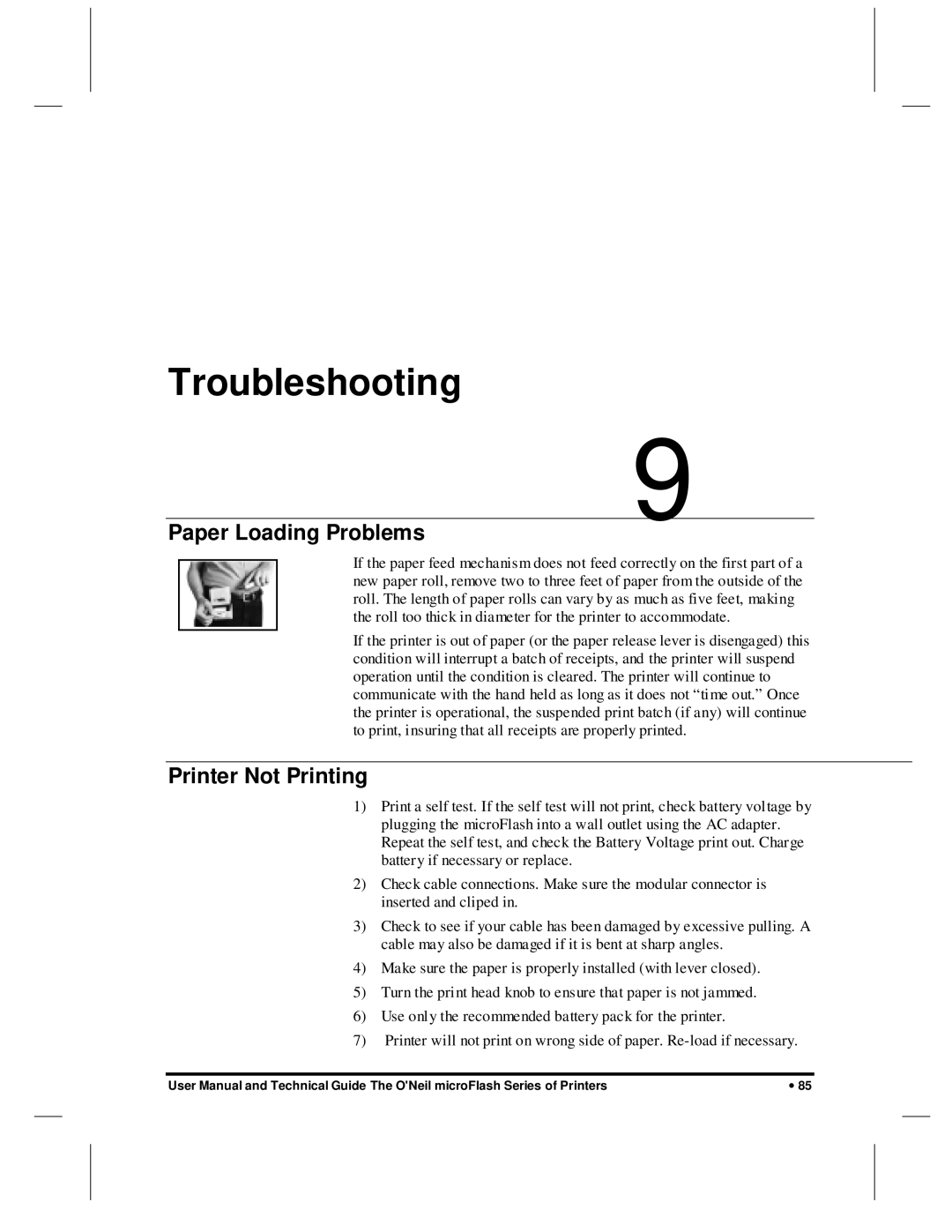 O'Neil microFlash Series user manual Troubleshooting, Paper Loading Problems, Printer Not Printing 