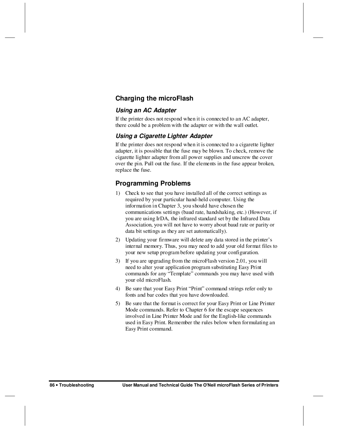 O'Neil microFlash Series user manual Charging the microFlash, Programming Problems 