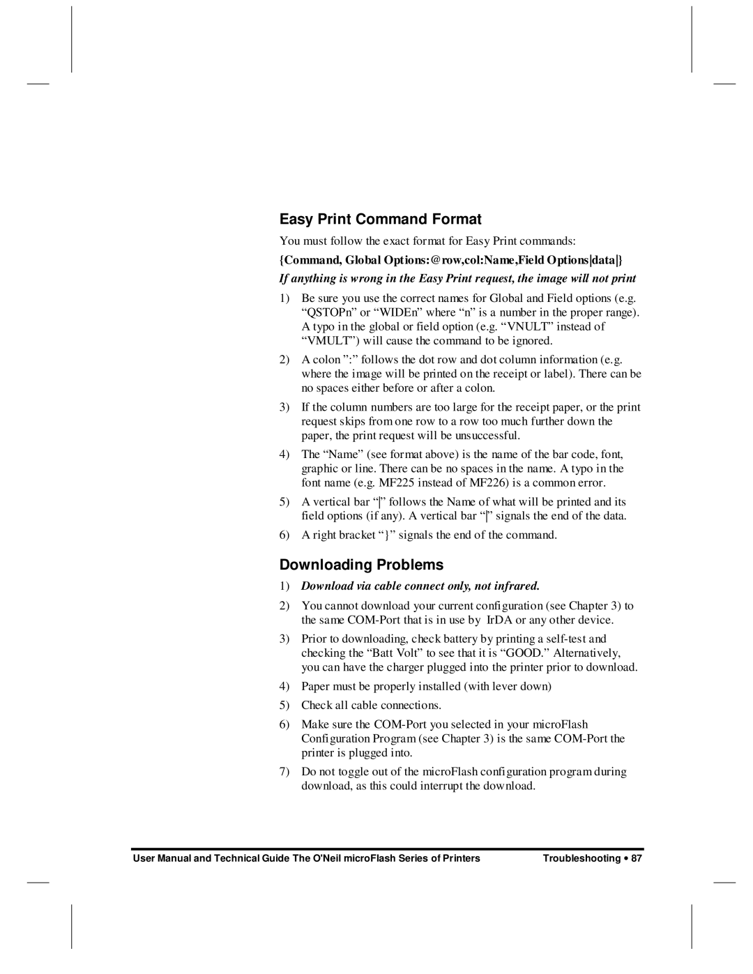 O'Neil microFlash Series user manual Easy Print Command Format, Downloading Problems 