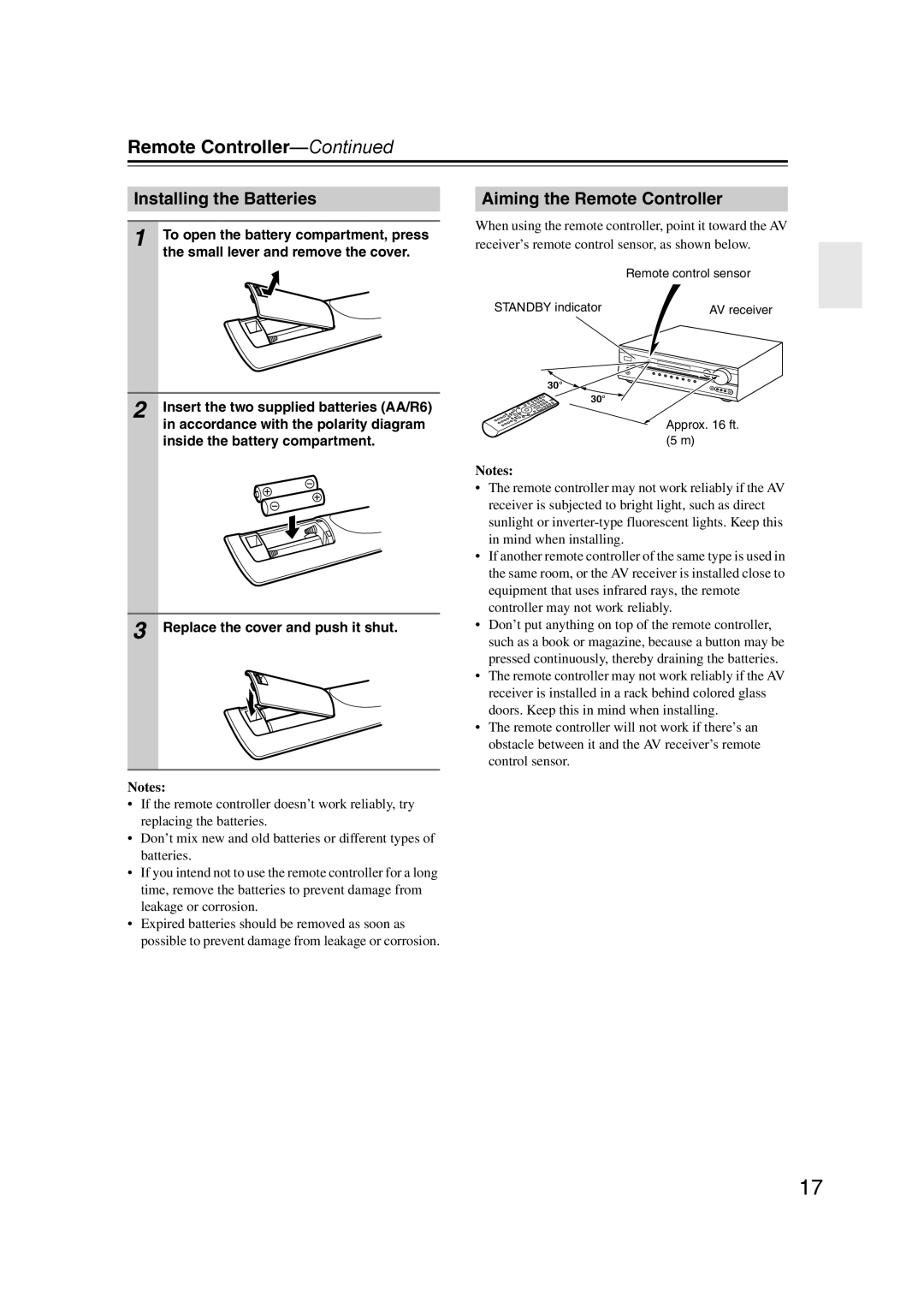 Onkyo 29344934 instruction manual Installing the Batteries, Aiming the Remote Controller 