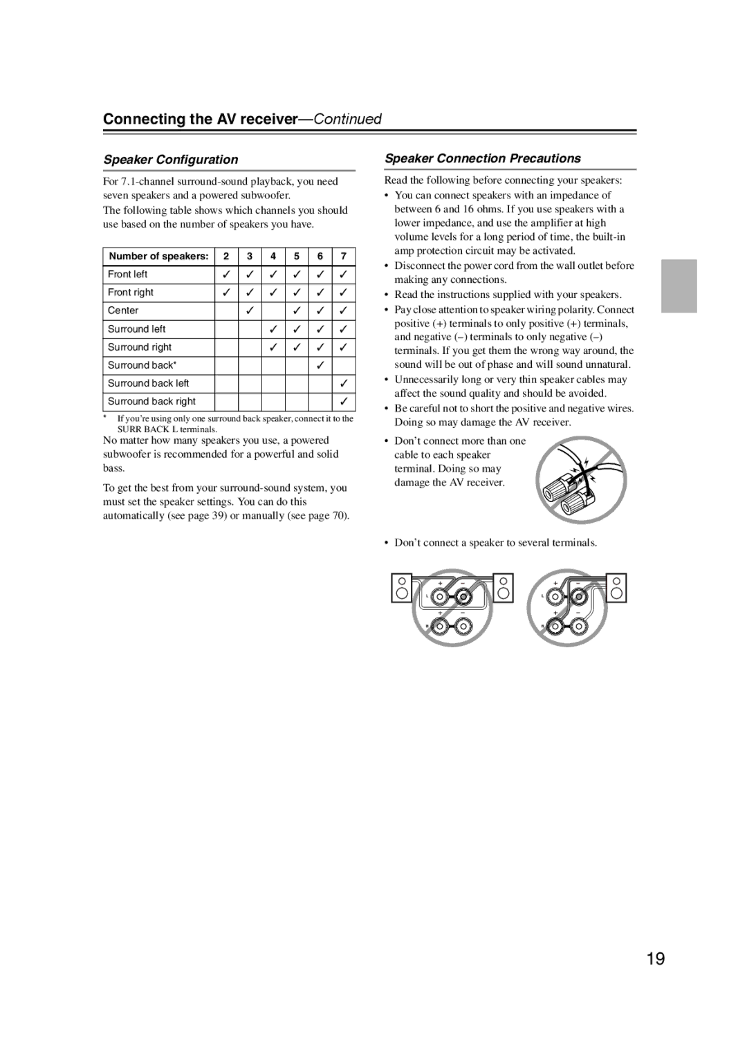 Onkyo 29344934 instruction manual Connecting the AV receiver, Speaker Configuration, Speaker Connection Precautions 