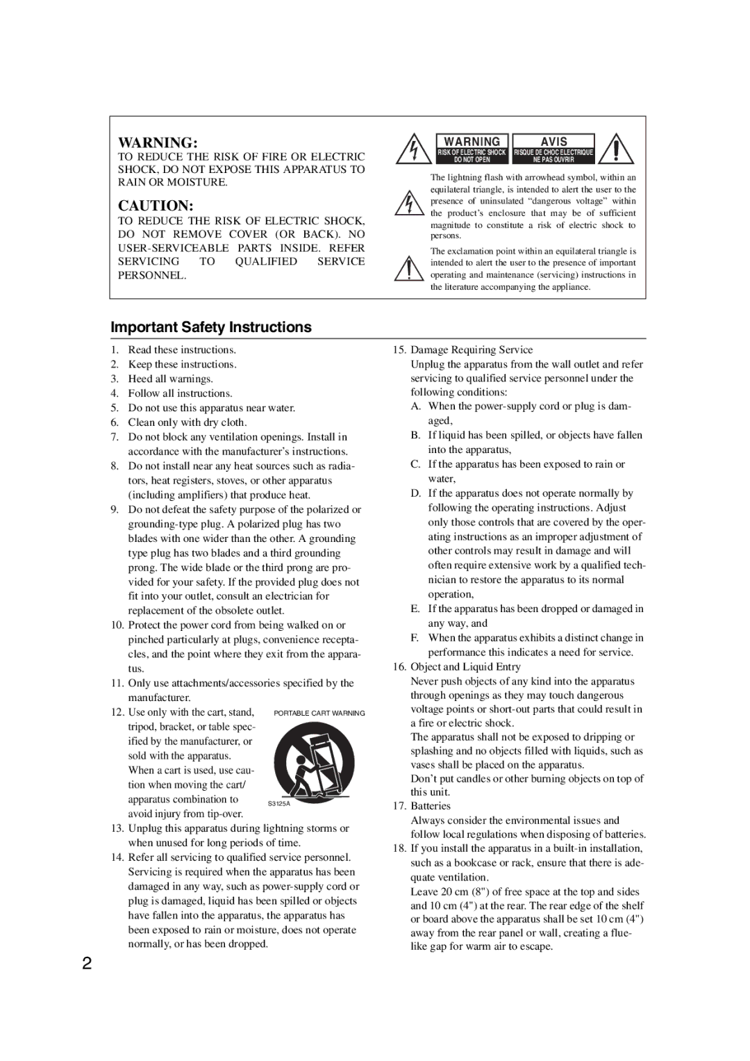 Onkyo 29344934 instruction manual Important Safety Instructions, Avis 