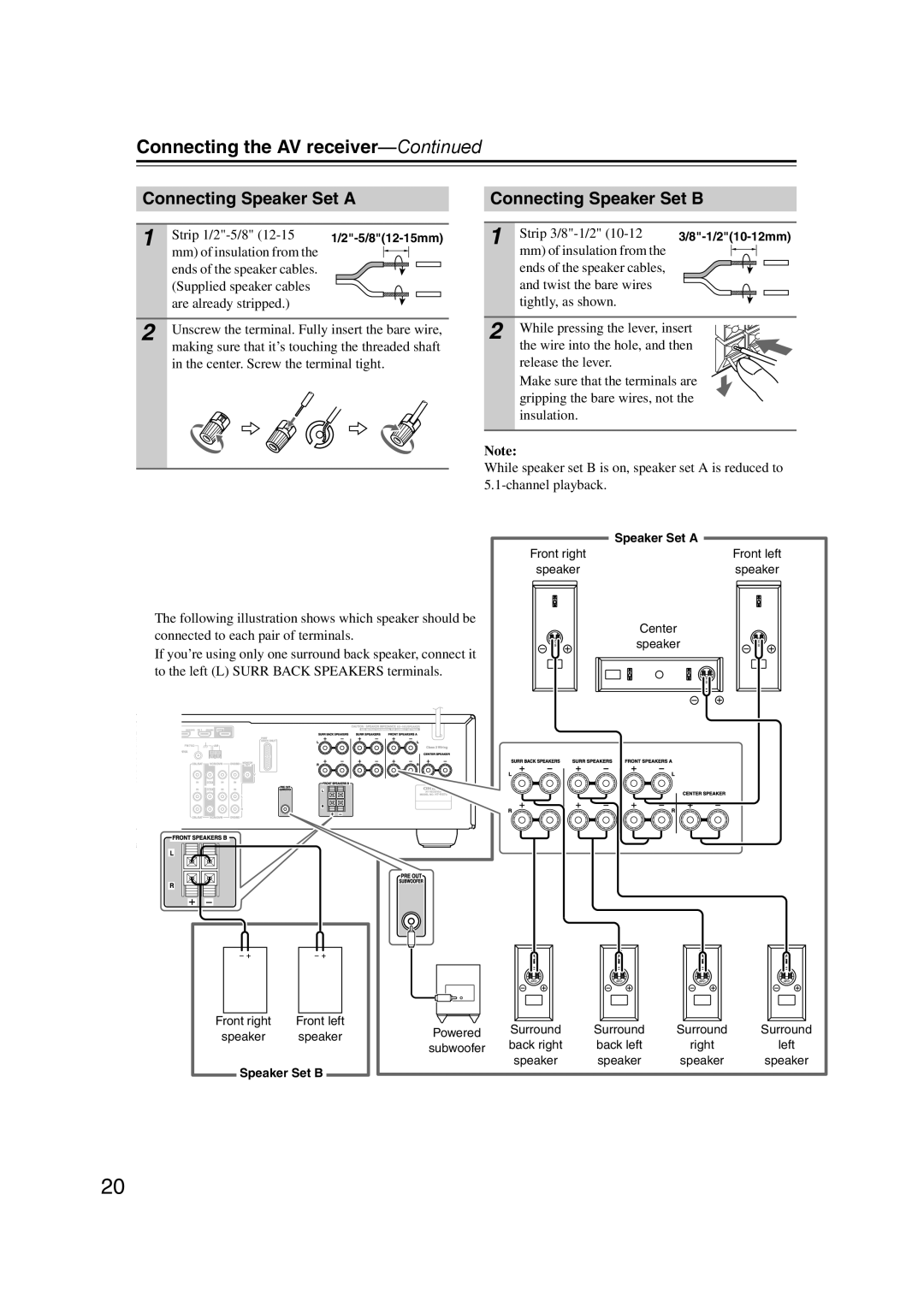 Onkyo 29344934 instruction manual Connecting Speaker Set a, Connecting Speaker Set B 