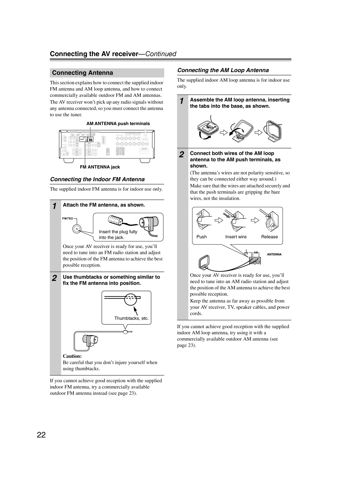 Onkyo 29344934 instruction manual Connecting Antenna, Connecting the Indoor FM Antenna, Connecting the AM Loop Antenna 