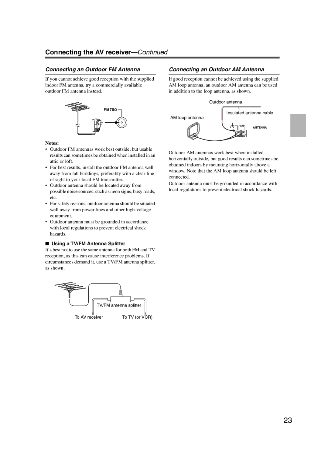 Onkyo 29344934 Connecting an Outdoor FM Antenna, Connecting an Outdoor AM Antenna, Using a TV/FM Antenna Splitter 