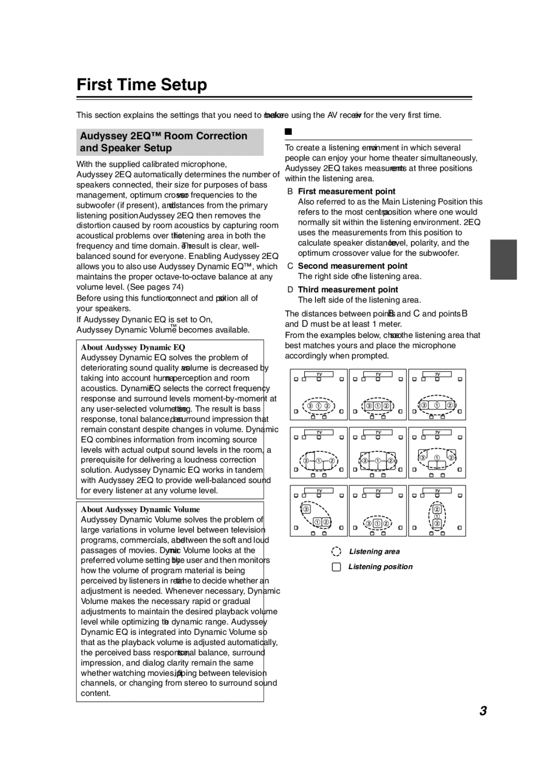 Onkyo 29344934 instruction manual First Time Setup, Audyssey 2EQ Room Correction and Speaker Setup, Measurement Positions 