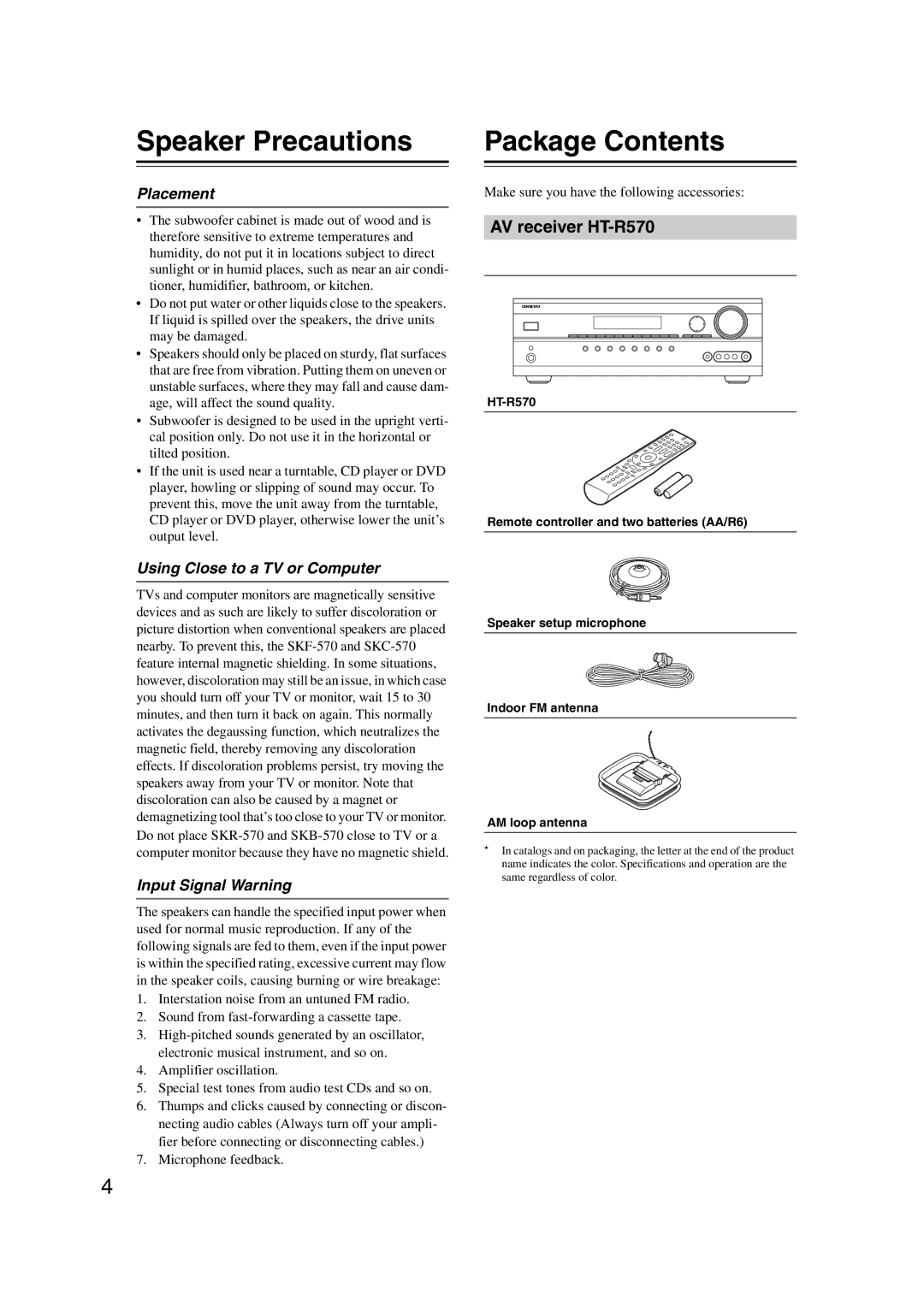 Onkyo 29344934 instruction manual Speaker Precautions, Package Contents 