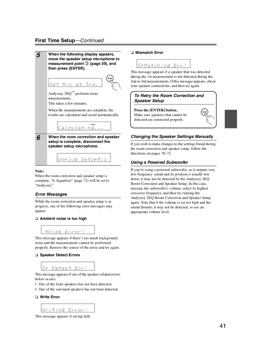 Onkyo 29344934 Error Messages, To Retry the Room Correction and Speaker Setup, Changing the Speaker Settings Manually 