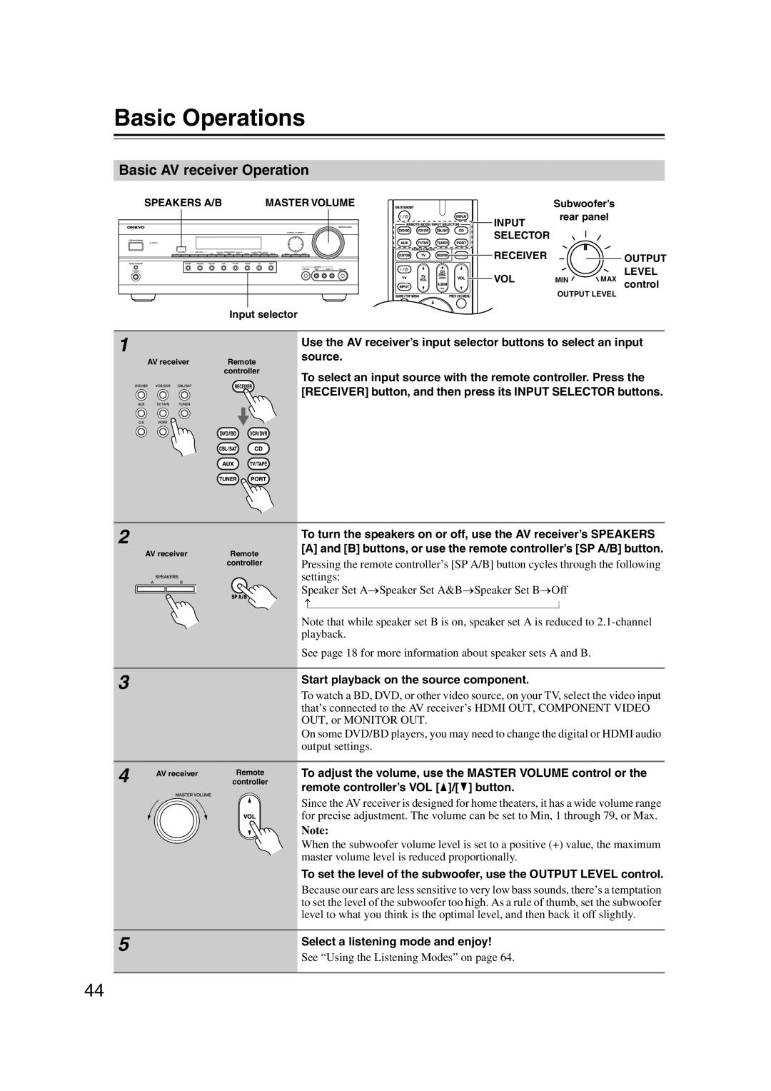 Onkyo 29344934 instruction manual Basic Operations, Basic AV receiver Operation, Start playback on the source component 