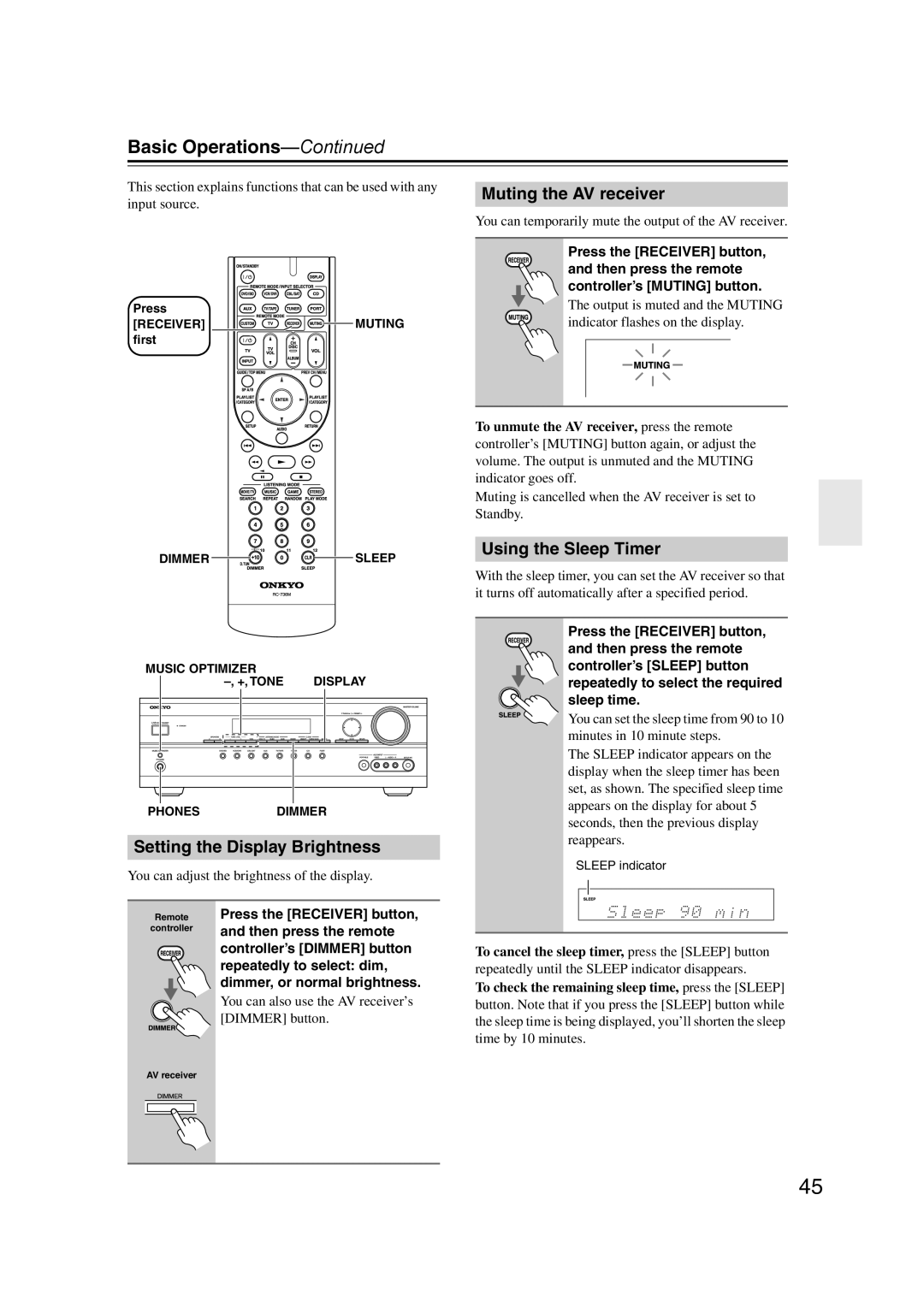 Onkyo 29344934 Basic Operations, Setting the Display Brightness, Muting the AV receiver, Using the Sleep Timer 