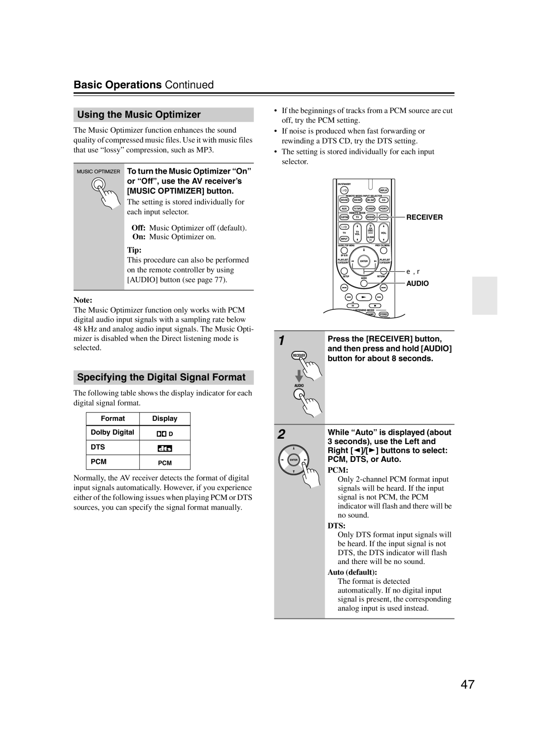 Onkyo 29344934 instruction manual Using the Music Optimizer, Specifying the Digital Signal Format 