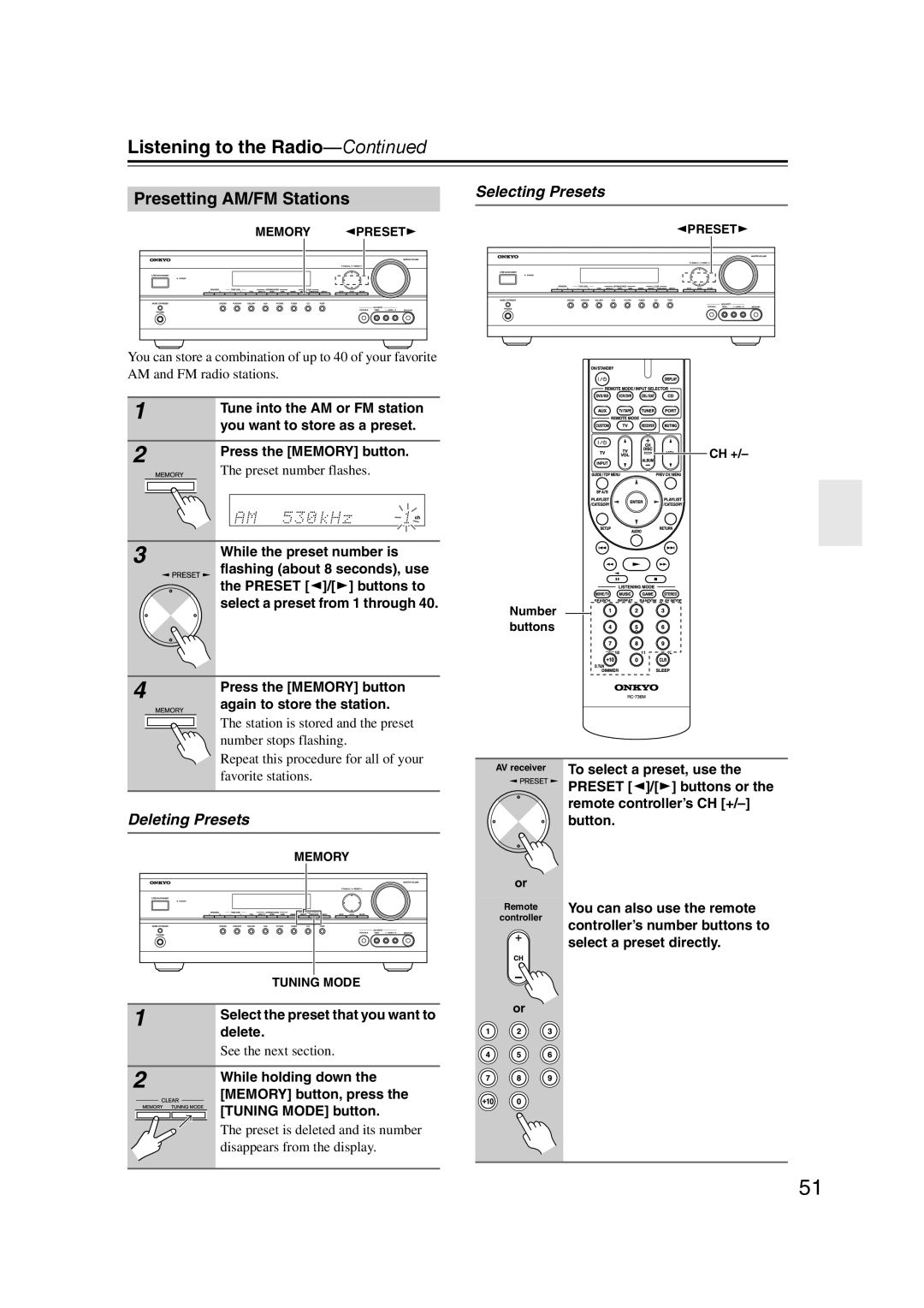 Onkyo 29344934 instruction manual Presetting AM/FM Stations, Deleting Presets, Selecting Presets 