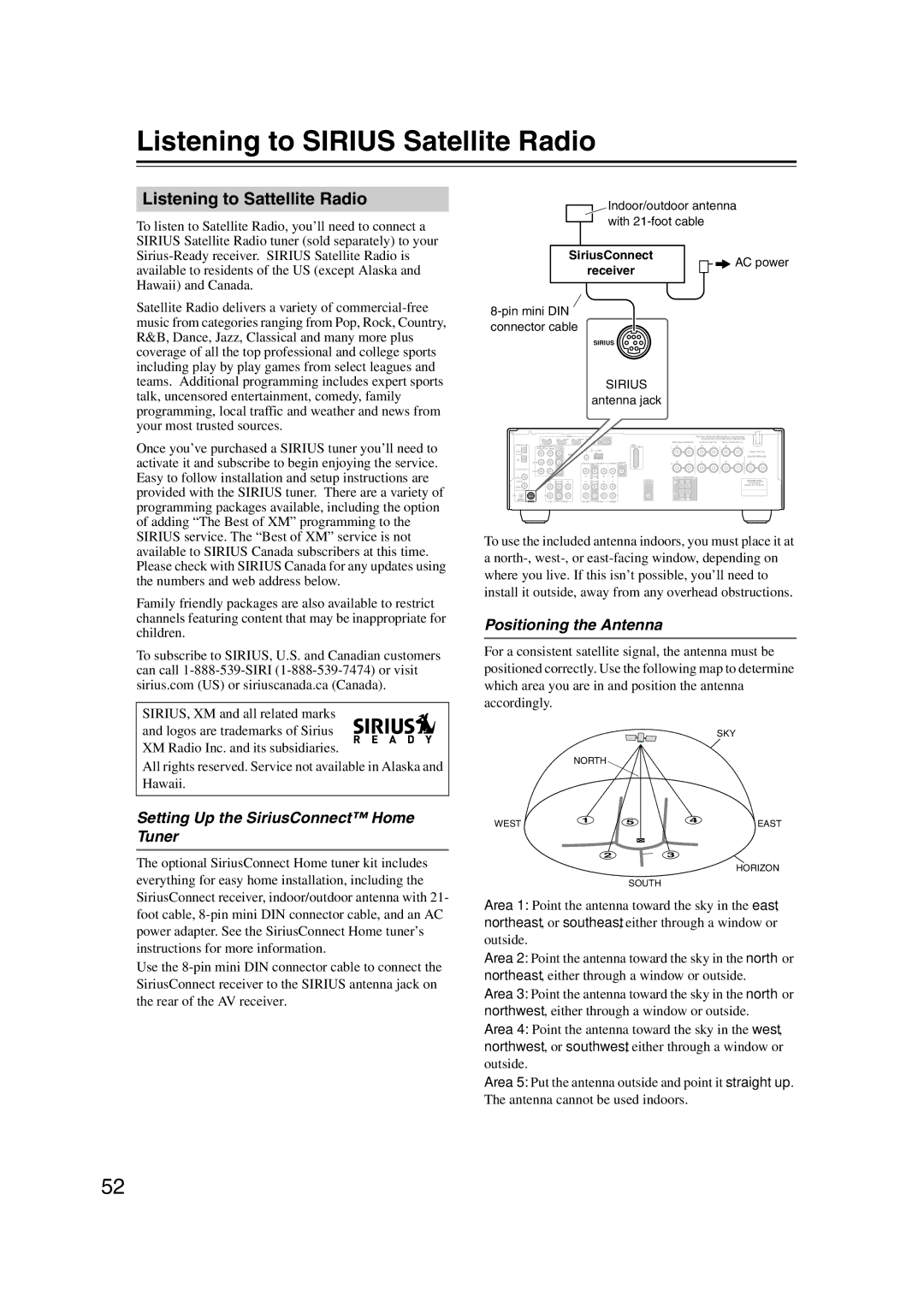 Onkyo 29344934 Listening to Sirius Satellite Radio, Listening to Sattellite Radio, Setting Up the SiriusConnect Home Tuner 