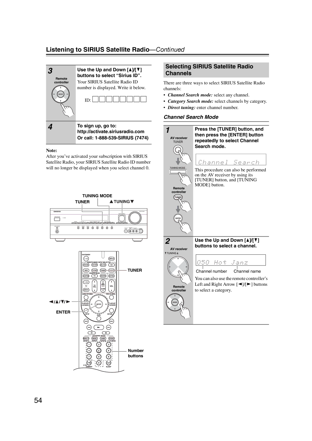 Onkyo 29344934 instruction manual Selecting Sirius Satellite Radio Channels, Channel Search Mode 